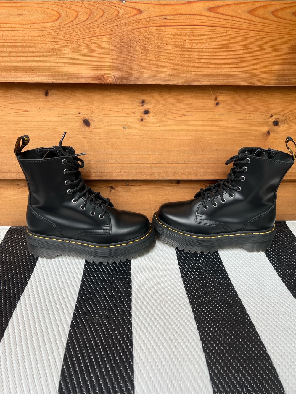 Dr. Martens Jadon Black Leather 8-Eye Lace-Up Boots with Yellow Stitching - Picture 3 of 7